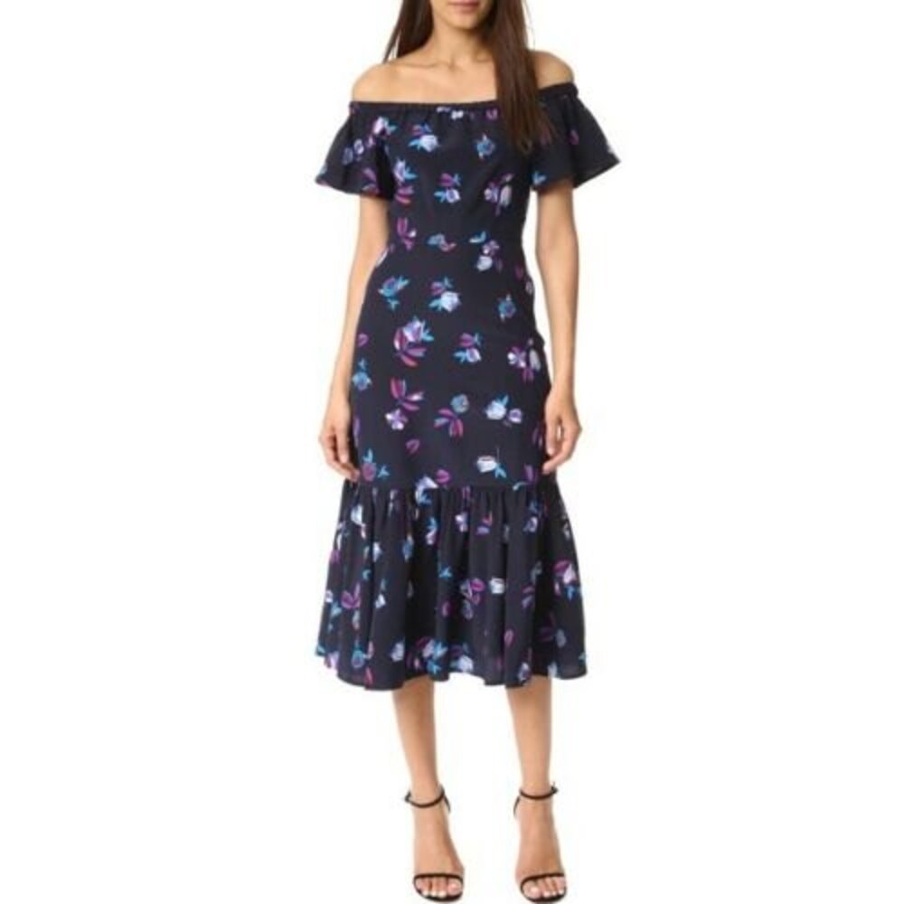 REBECCA TAYLOR Bell Flower Off the Shoulder Ruffle Floral Midi Dress Size 0